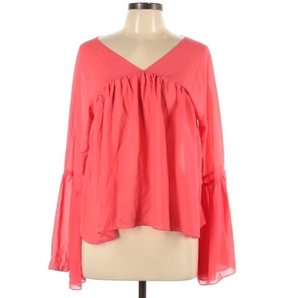 Honey Punch size L coral BOHO v-neck long flare sleeve ruched Chiffon blouse